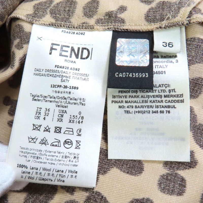 Fendi 2020 Fda928 100% Wool Waist Shape Leopard Pattern Seventh Sleeve Dress