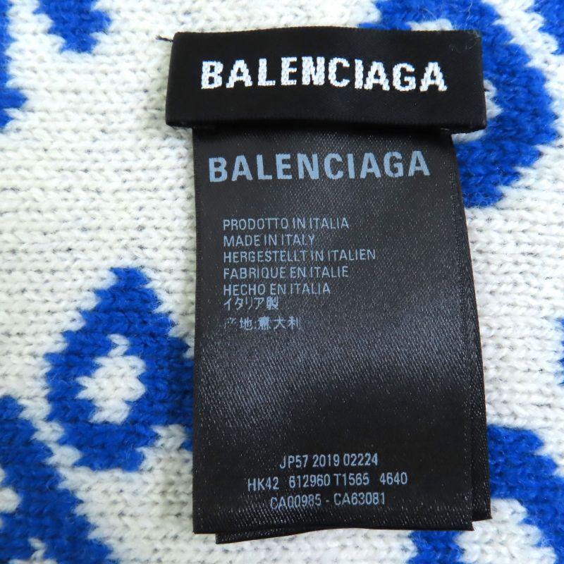 Balenciaga 612960 Wool Jacquard Logo Large Scarf Blue White Made In Italy