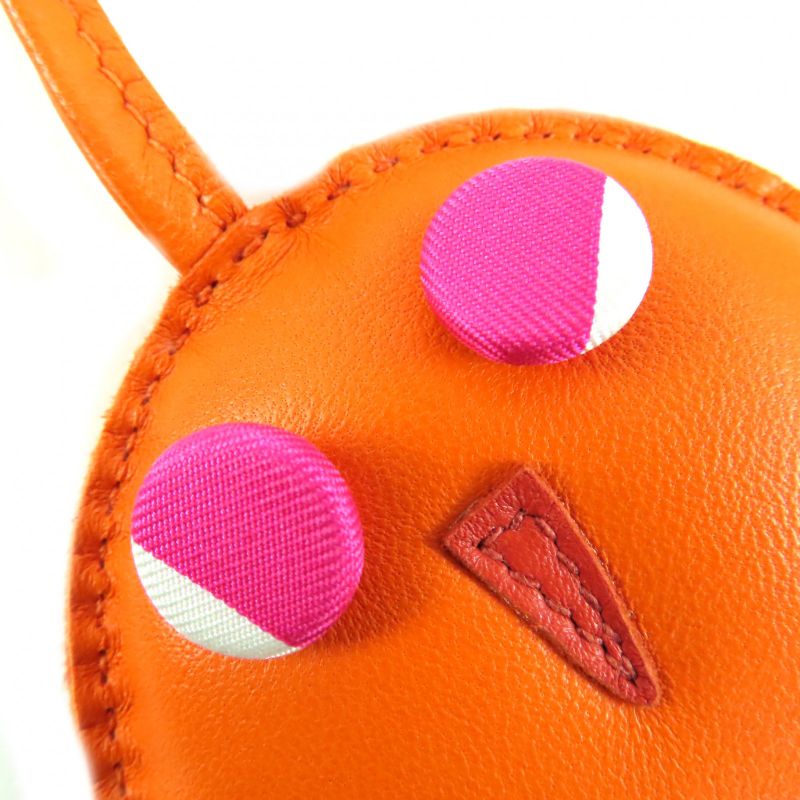 Hermes Petit H Petit Ashe Charm Owl Leather Silk Bagcharm Orange Pink With