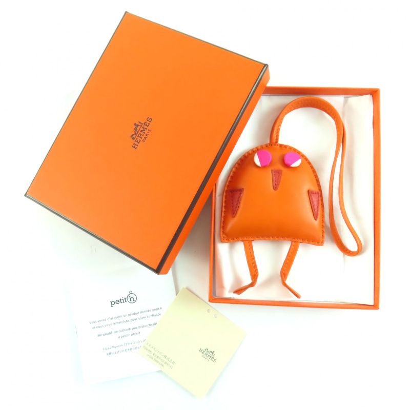 Hermes Petit H Petit Ashe Charm Owl Leather Silk Bagcharm Orange Pink With