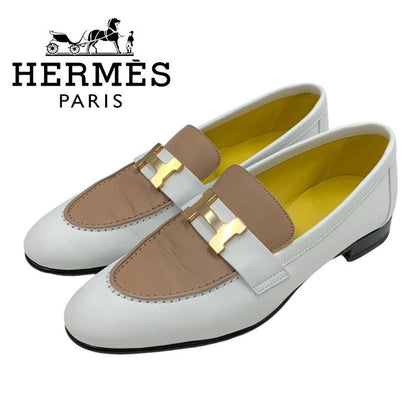 Hermes Paris Loafers Leather Shoes Leather White Beige White Gold Moccasins