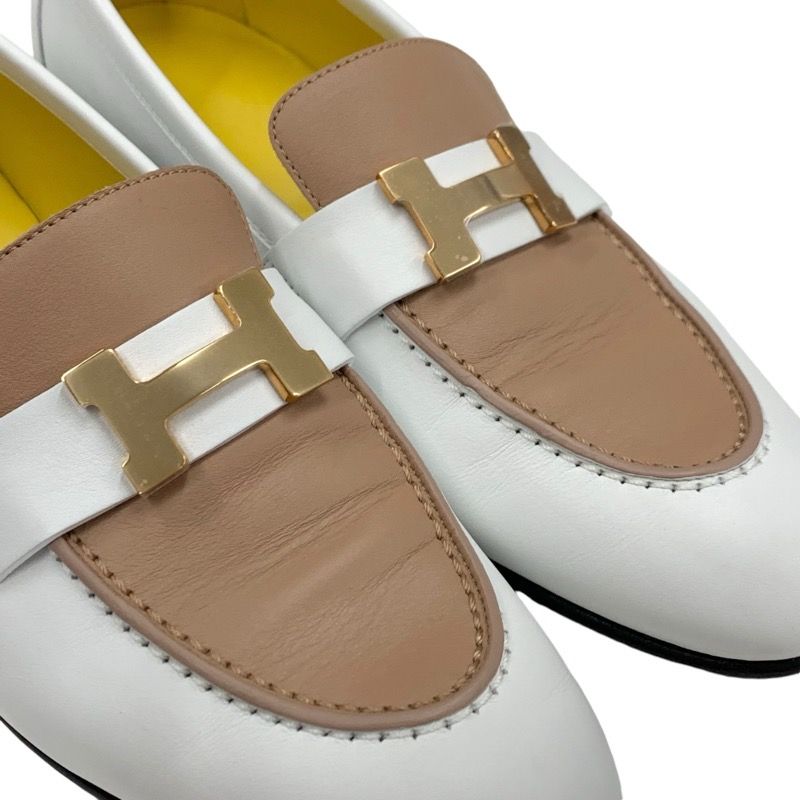 Hermes Paris Loafers Leather Shoes Leather White Beige White Gold Moccasins