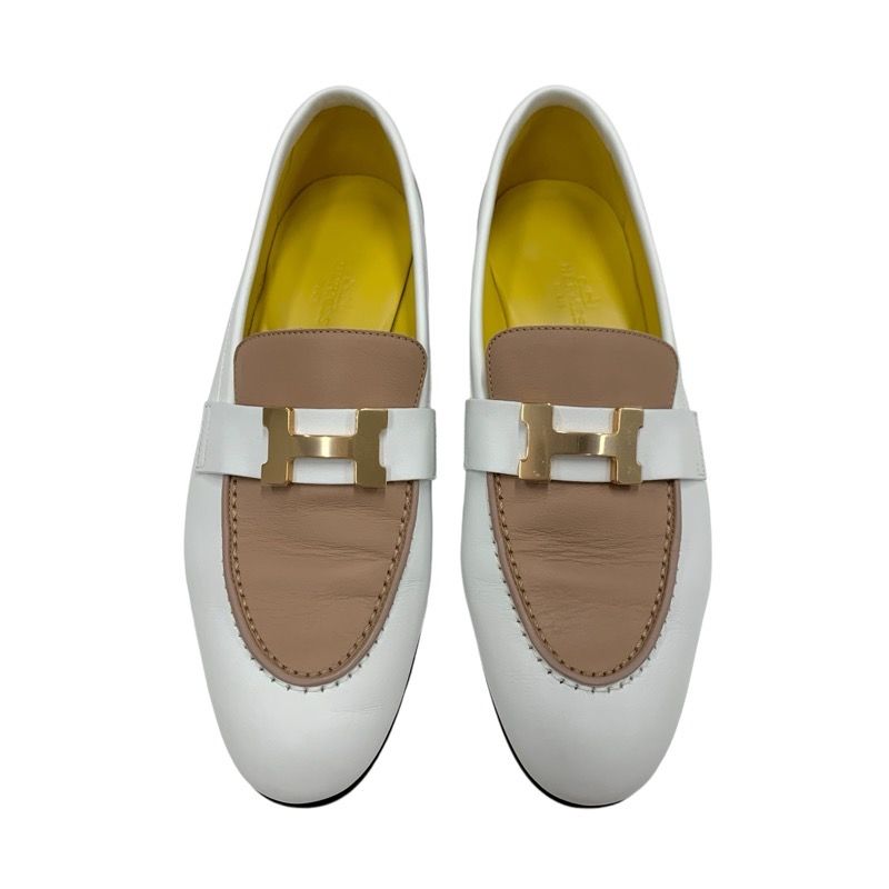 Hermes Paris Loafers Leather Shoes Leather White Beige White Gold Moccasins