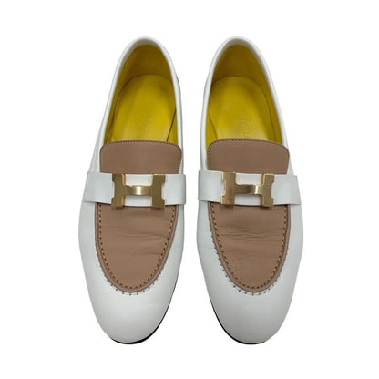 Hermes Paris Loafers Leather Shoes Leather White Beige White Gold Moccasins