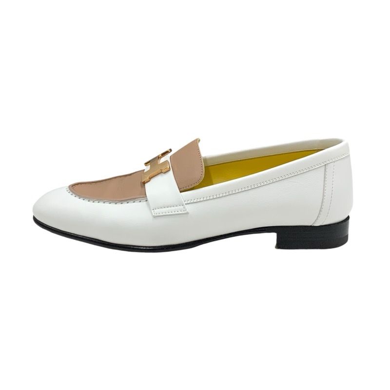 Hermes Paris Loafers Leather Shoes Leather White Beige White Gold Moccasins