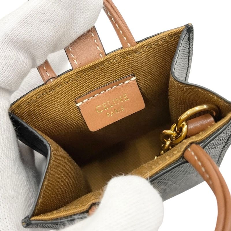 Celine Charm Brown White Gold Triomphe Canvas Logo Micro Vertical Cabas