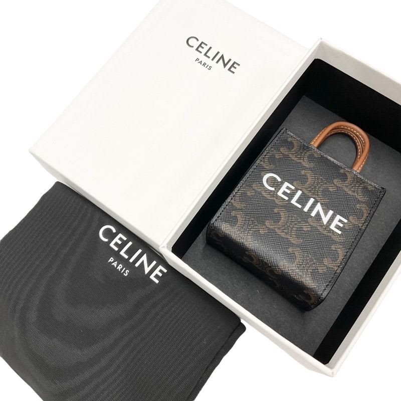 Celine Charm Brown White Gold Triomphe Canvas Logo Micro Vertical Cabas