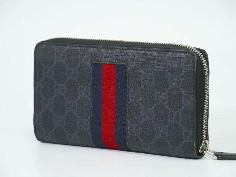 Authentic Gucci New Web Sherry Line GG Supreme Round Zipper Long Wallet Gray