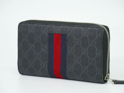 Authentic Gucci New Web Sherry Line GG Supreme Round Zipper Long Wallet Gray