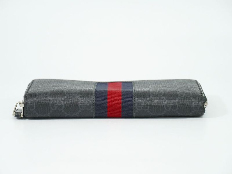 Authentic Gucci New Web Sherry Line GG Supreme Round Zipper Long Wallet Gray