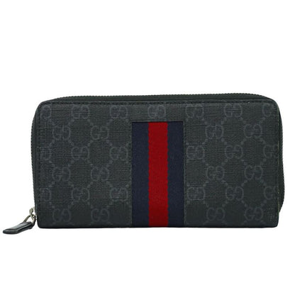 Authentic Gucci New Web Sherry Line GG Supreme Round Zipper Long Wallet Gray
