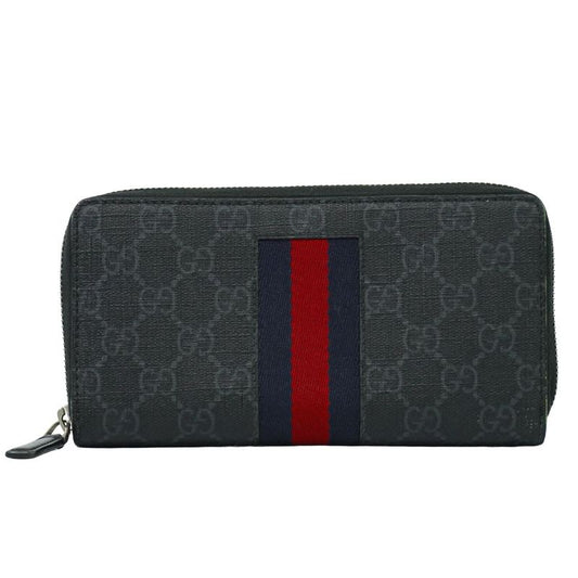 Authentic Gucci New Web Sherry Line GG Supreme Round Zipper Long Wallet Gray