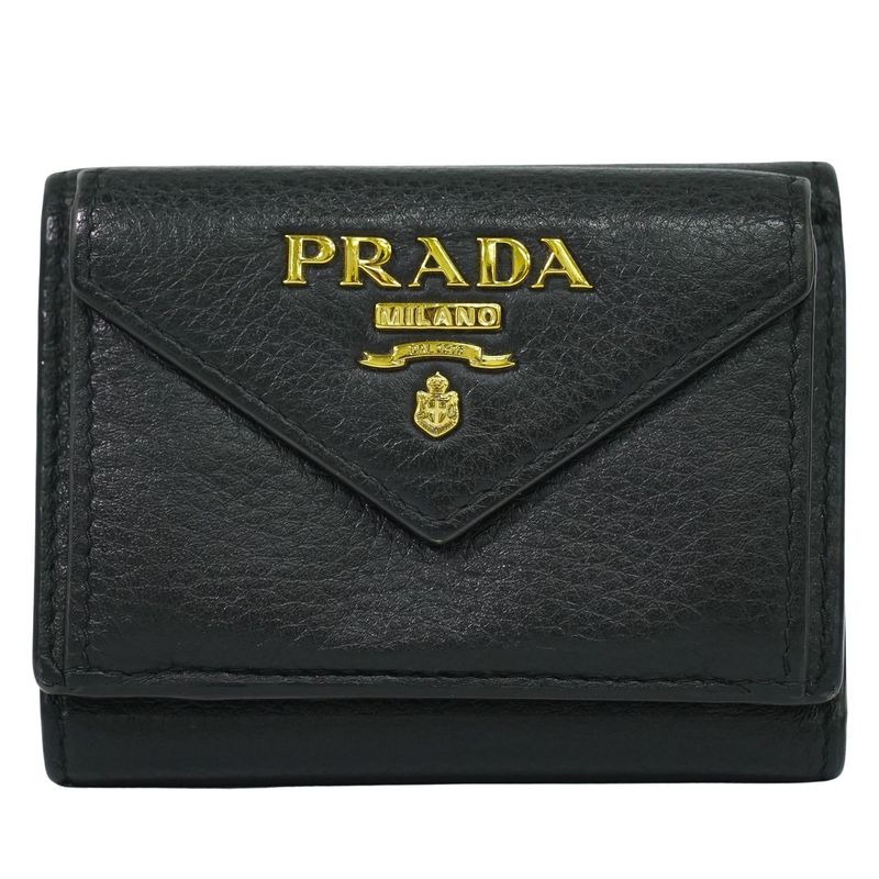 Authentic Prada Leather Trifold Fold Wallet Compact Wallet Black Wallet
