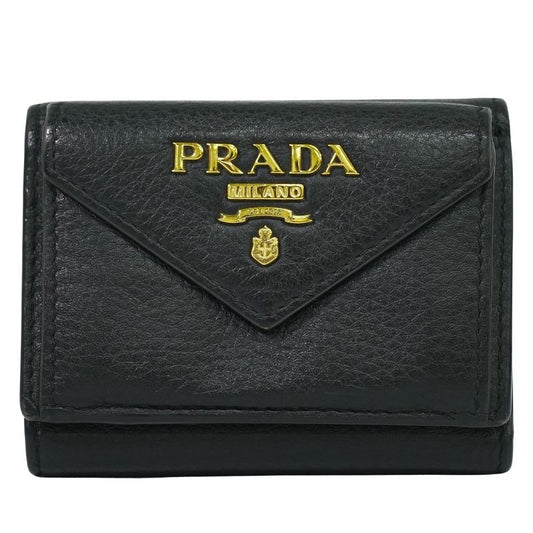 Authentic Prada Leather Trifold Fold Wallet Compact Wallet Black Wallet