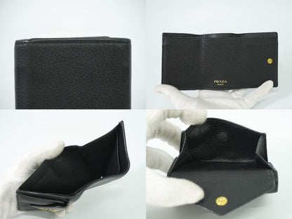 Authentic Prada Leather Trifold Fold Wallet Compact Wallet Black Wallet
