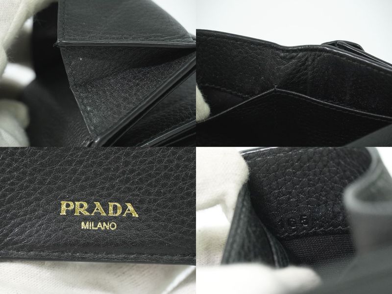 Authentic Prada Leather Trifold Fold Wallet Compact Wallet Black Wallet