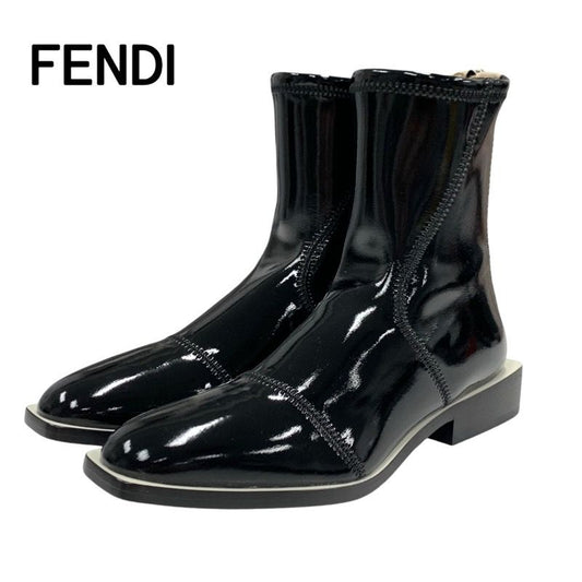 Fendi Boots Short Boots Shoes Patent Black Beige Black Unused Back Zip