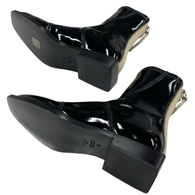 Fendi Boots Short Boots Shoes Patent Black Beige Black Unused Back Zip