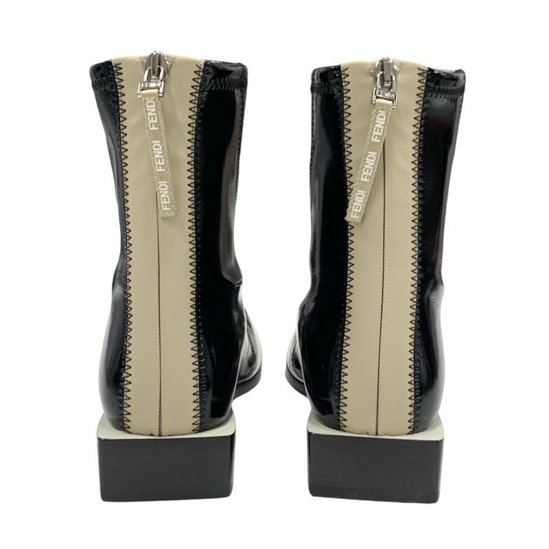 Fendi Boots Short Boots Shoes Patent Black Beige Black Unused Back Zip