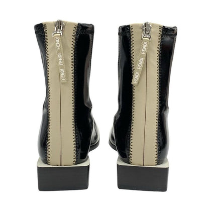 Fendi Boots Short Boots Shoes Patent Black Beige Black Unused Back Zip