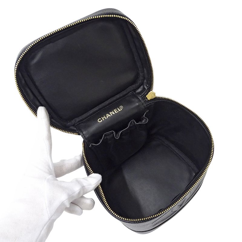 Chanel Bag Ladies Brand Vanity Bag Handbag Caviar Skin Black Gold Hardware