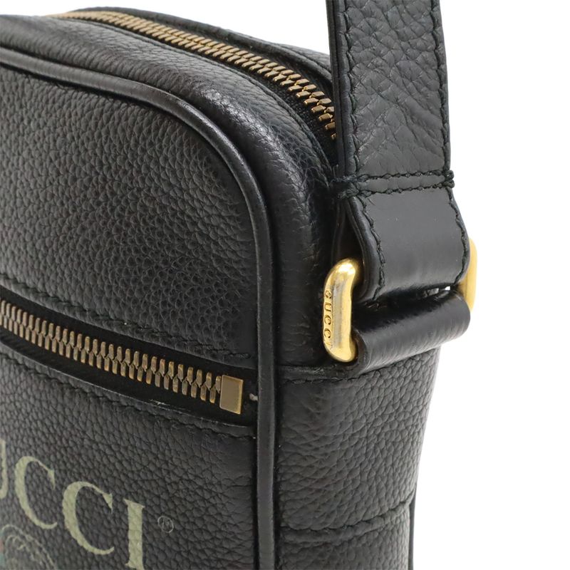 Gucci Printed Logo Shoulder Bag Pochette Mini Bag Crossbody Leather Black Gold