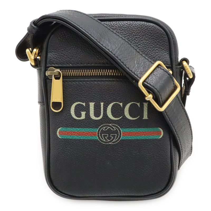 Gucci Printed Logo Shoulder Bag Pochette Mini Bag Crossbody Leather Black Gold