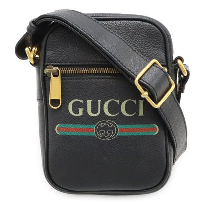 Gucci Printed Logo Shoulder Bag Pochette Mini Bag Crossbody Leather Black Gold
