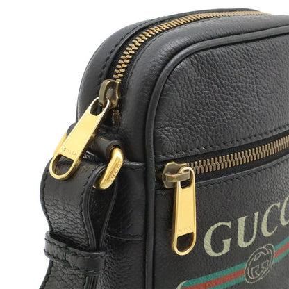 Gucci Printed Logo Shoulder Bag Pochette Mini Bag Crossbody Leather Black Gold
