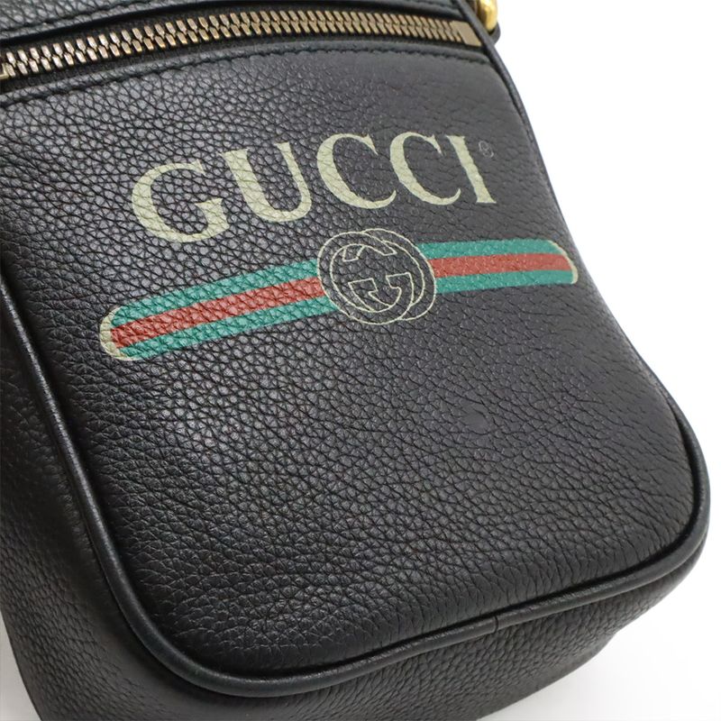 Gucci Printed Logo Shoulder Bag Pochette Mini Bag Crossbody Leather Black Gold