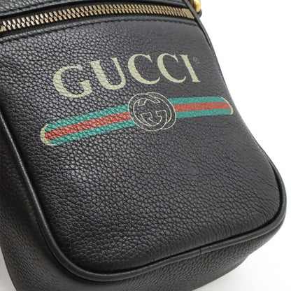 Gucci Printed Logo Shoulder Bag Pochette Mini Bag Crossbody Leather Black Gold