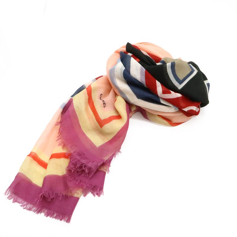 Chanel Logo Coco Mark Stole Shawl Large Size Fringe 80% Cashmere 20% Silk Pink