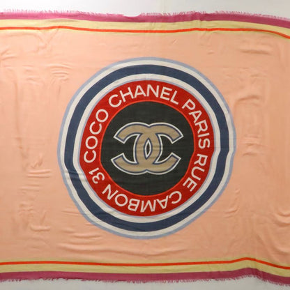 Chanel Logo Coco Mark Stole Shawl Large Size Fringe 80% Cashmere 20% Silk Pink