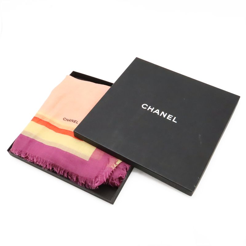 Chanel Logo Coco Mark Stole Shawl Large Size Fringe 80% Cashmere 20% Silk Pink