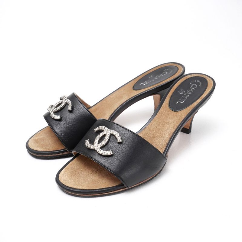 Chanel Mules Size 35 1 2 C CC Coco Mark Heel Leather Sandals Shoes 20251105