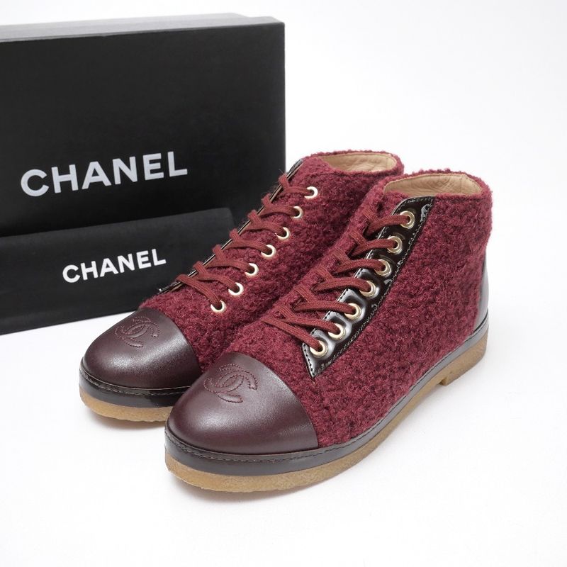 Chanel Sneakers Size 37 CC Coco Mark Tweed Leather Cutting High Cut Cap Toe