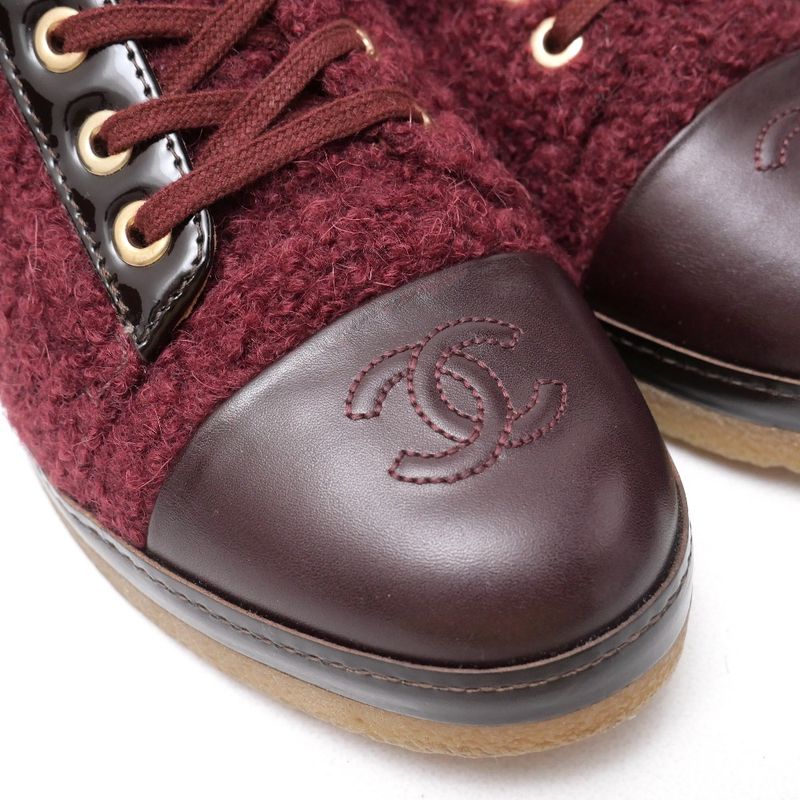 Chanel Sneakers Size 37 CC Coco Mark Tweed Leather Cutting High Cut Cap Toe