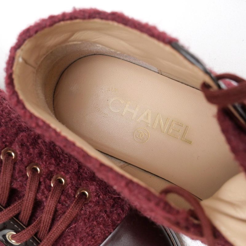 Chanel Sneakers Size 37 CC Coco Mark Tweed Leather Cutting High Cut Cap Toe