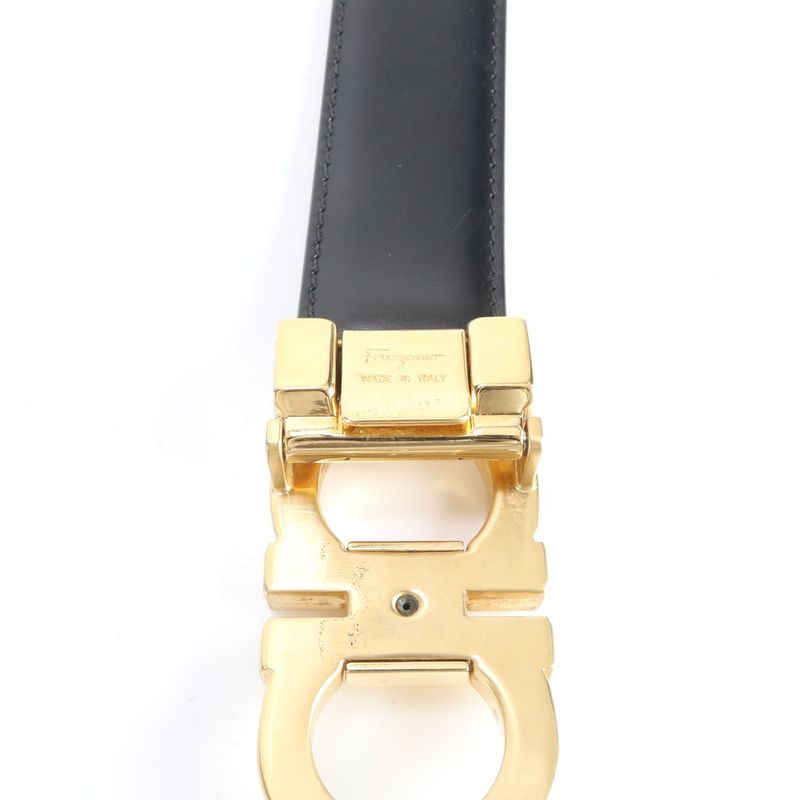 Gucci Double Gancini Buckle Leather Belt Black Gold Fashion Fashionable Men's