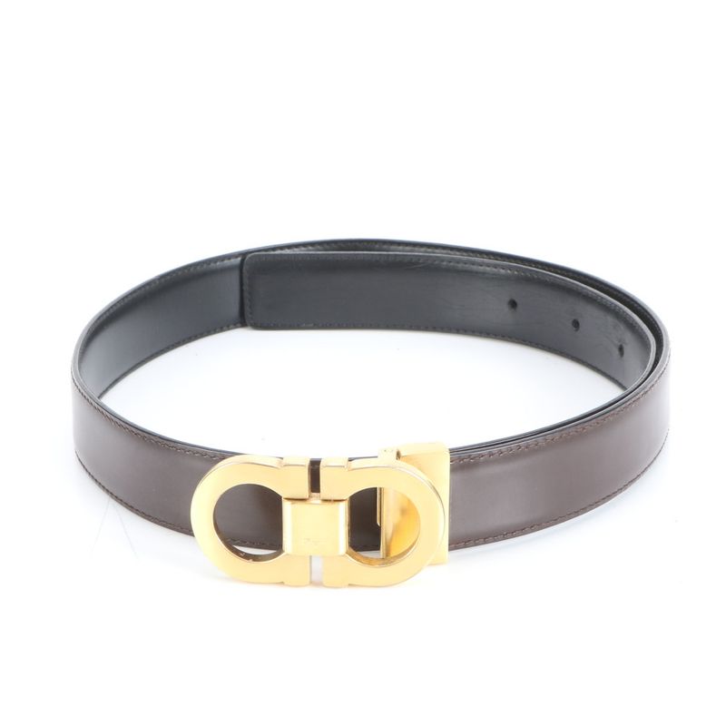 Gucci Double Gancini Buckle Leather Belt Black Gold Fashion Fashionable Men's