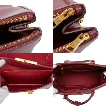 Prada Triangle Logo Plate Handbag Shoulder Bag 2WAY Wine Red Bordeaux Saffiano