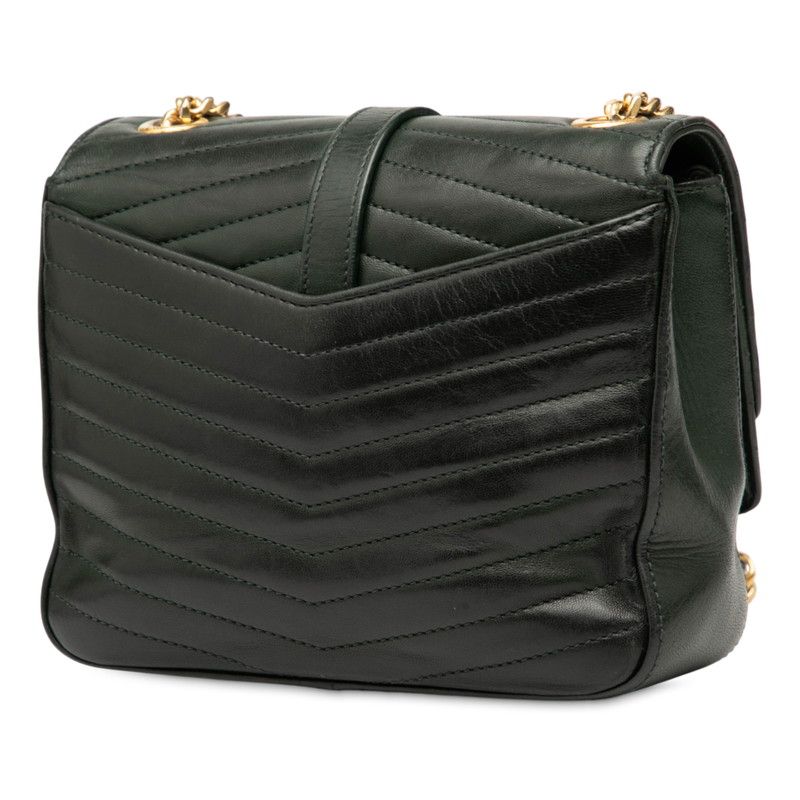 Saint Laurent Logo Chain Shoulder Bag Green Gold Leather Women Saint Laurent