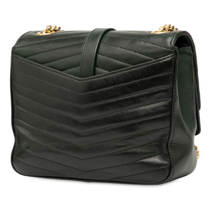 Saint Laurent Logo Chain Shoulder Bag Green Gold Leather Women Saint Laurent