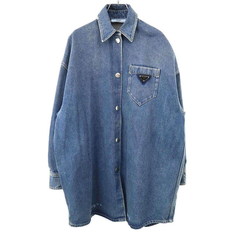 Prada Logo Plate Oversize D Organic Denim Shirt Gfc036 Indigo 38
