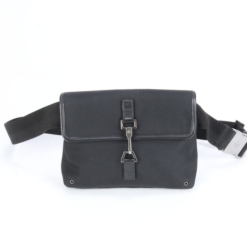 Gucci 92543 Leather Canvas Waist Bag With Control Card Waist Pouch Black Men's