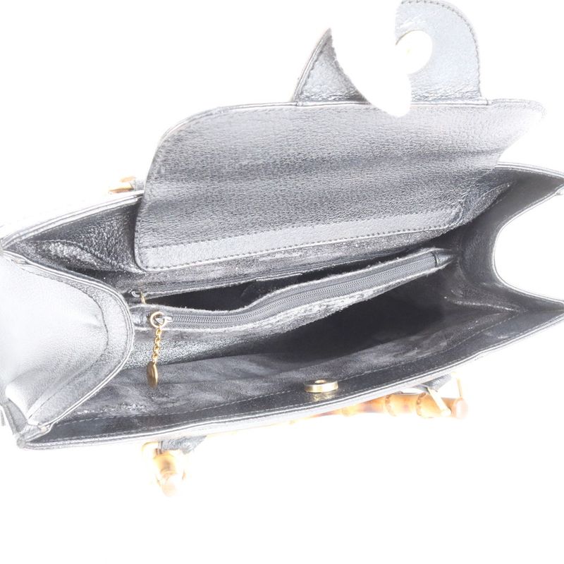 Vintage Old Gucci Bamboo Leather Handbag Tote Genuine Leather Black Branded