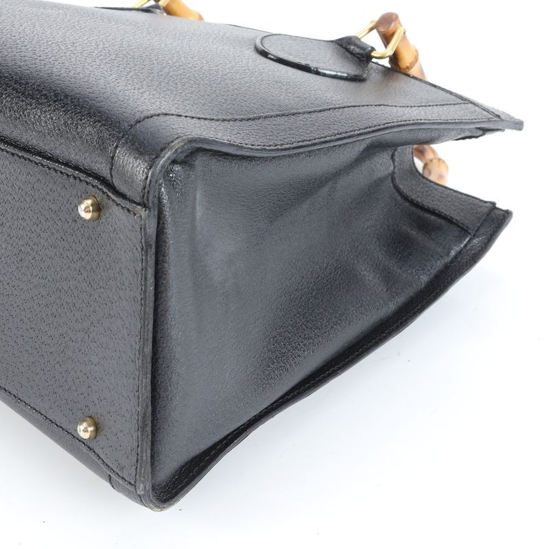 Vintage Old Gucci Bamboo Leather Handbag Tote Genuine Leather Black Branded