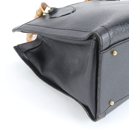 Vintage Old Gucci Bamboo Leather Handbag Tote Genuine Leather Black Branded