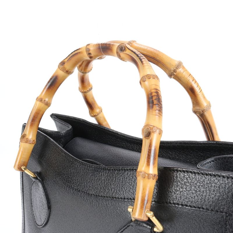 Vintage Old Gucci Bamboo Leather Handbag Tote Genuine Leather Black Branded