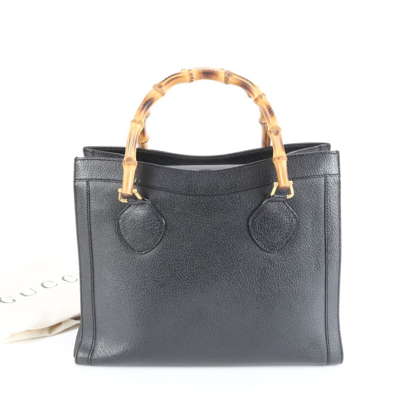 Vintage Old Gucci Bamboo Leather Handbag Tote Genuine Leather Black Branded